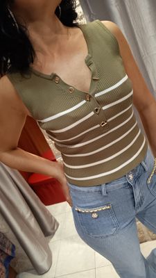 Top rayures olive et blanc 