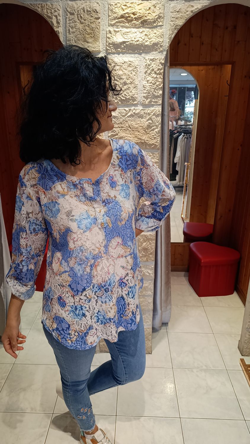 Tunique dentelle imprimé bleu 