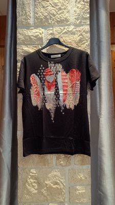 T-shirt Plumes noir rouge 