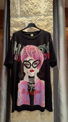 T-shirt Happy strass maxi noir