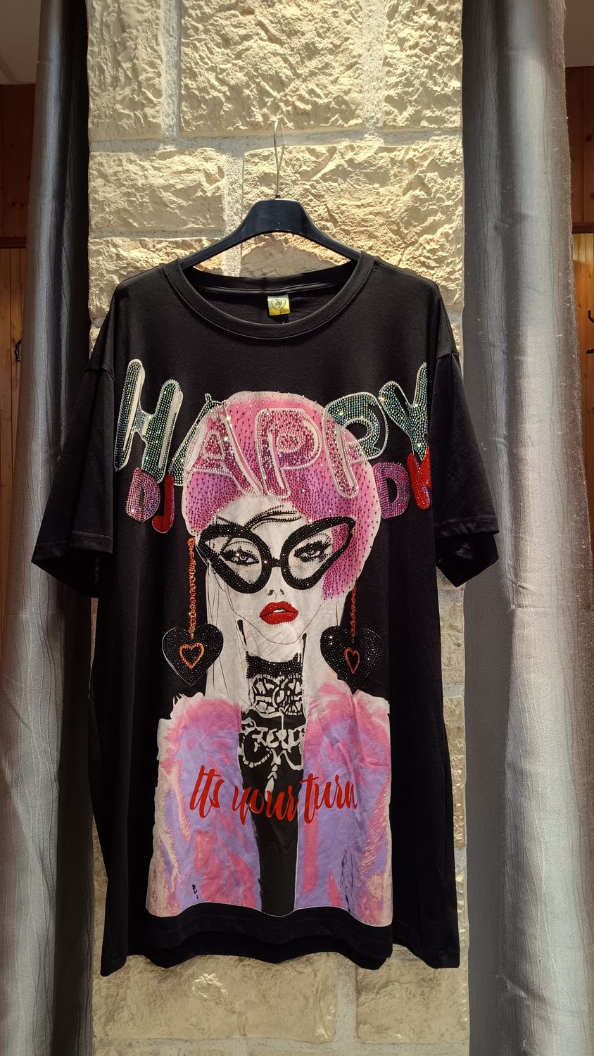 T-shirt Happy strass maxi noir