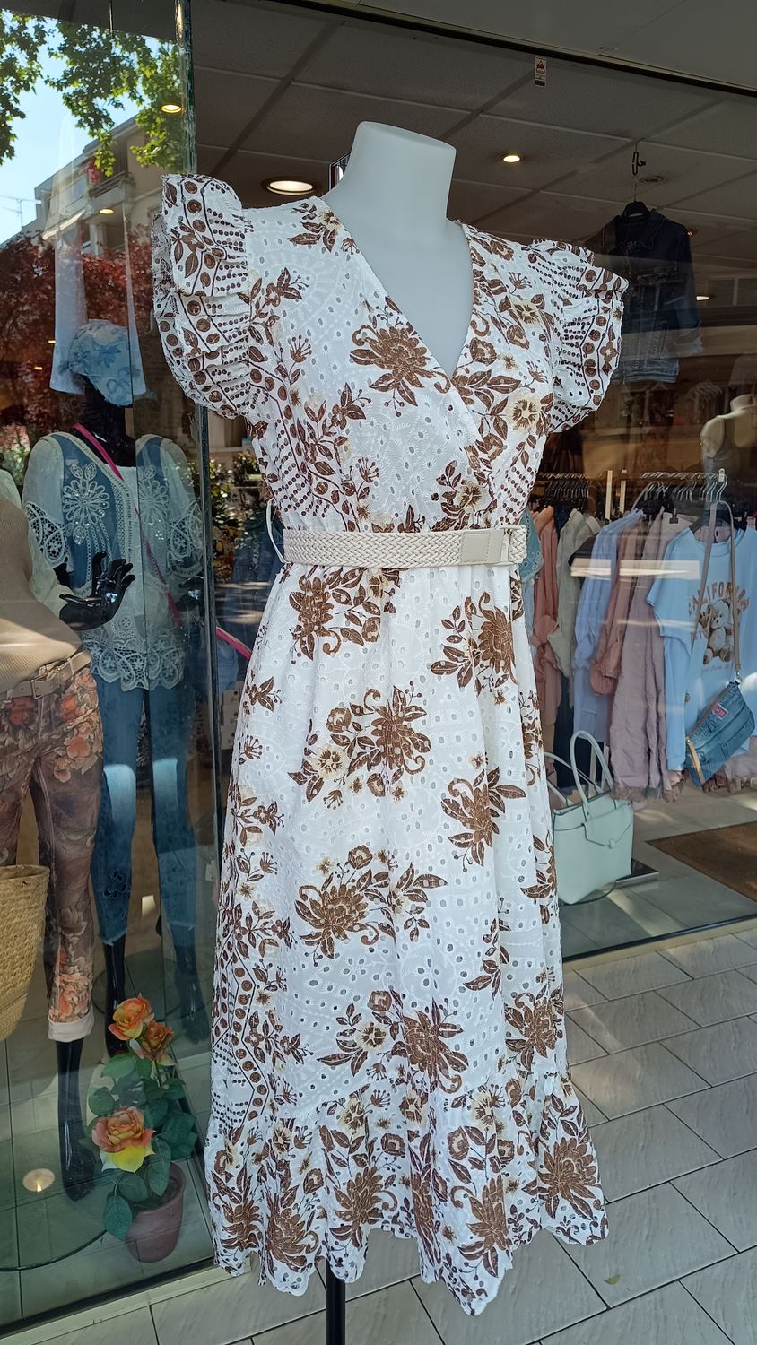 Robe brodée fleurs blanc et marron 