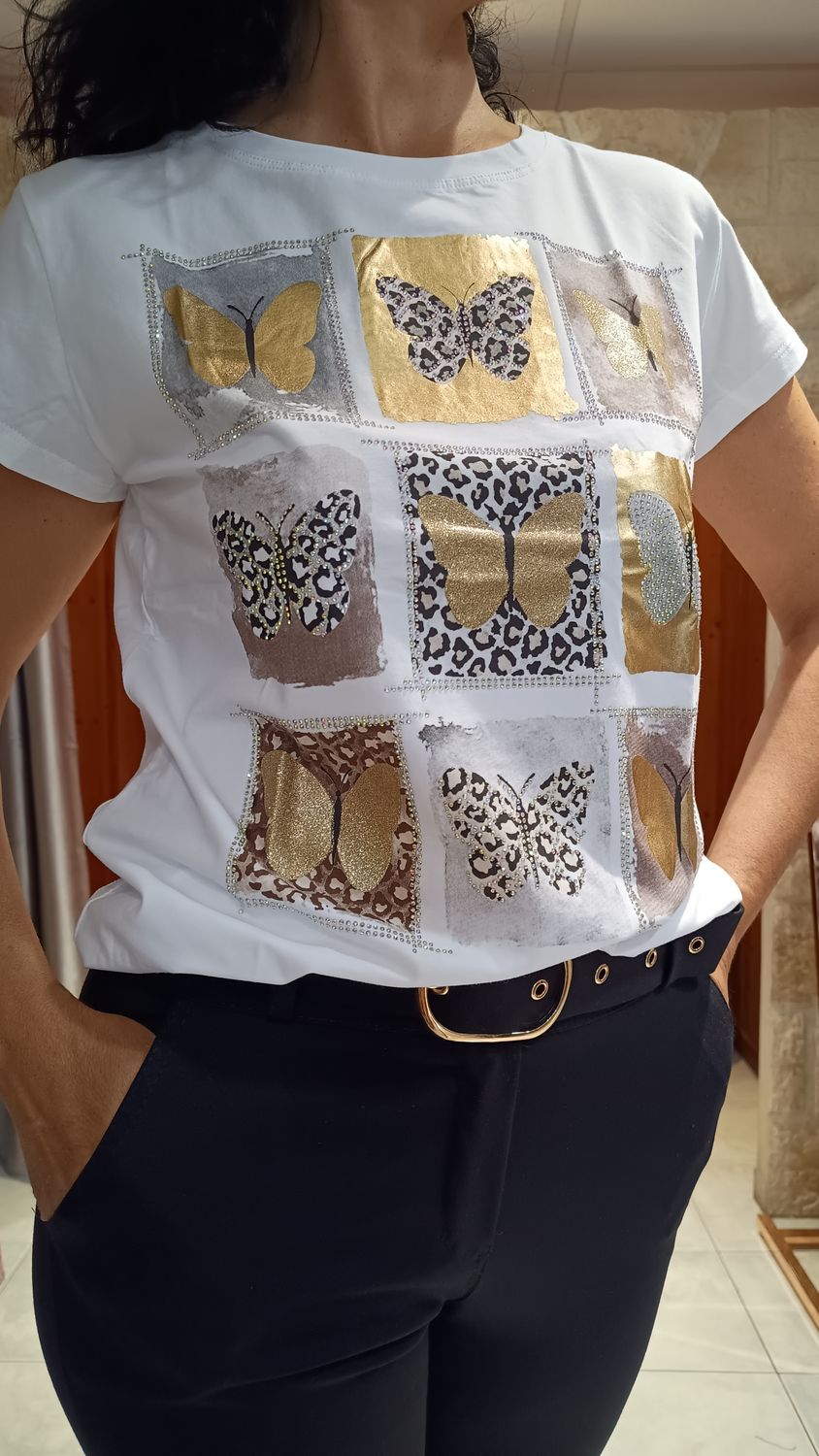T-shirt Papillon blanc doré T-shirt Papillon blanc doré