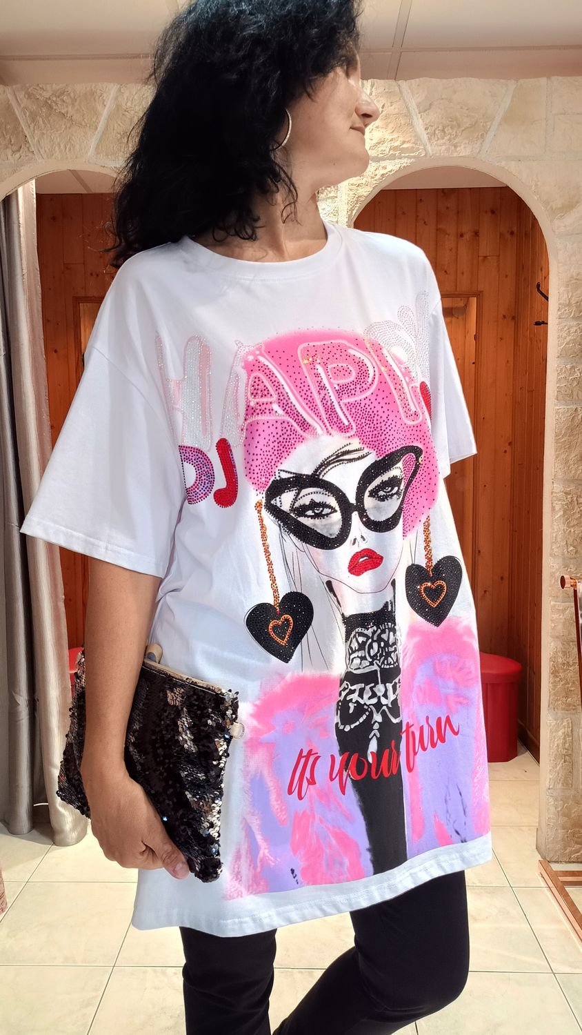 T-shirt Happy strass maxi blanc