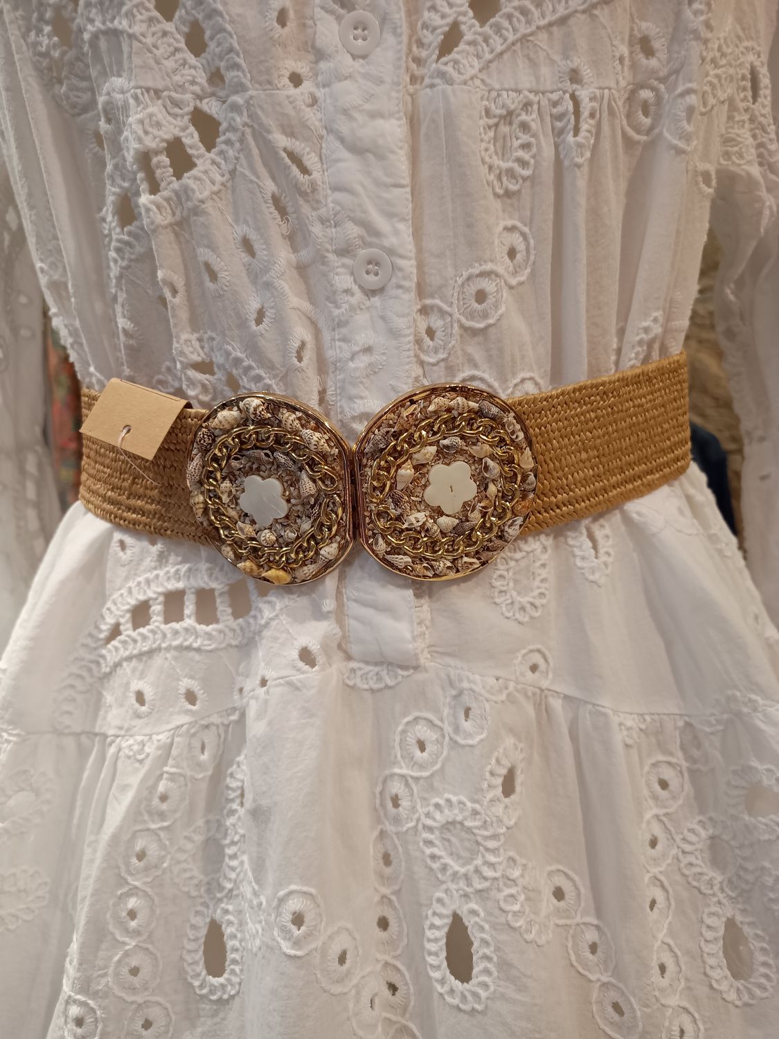 Ceinture raphia double boucle fleur sable 