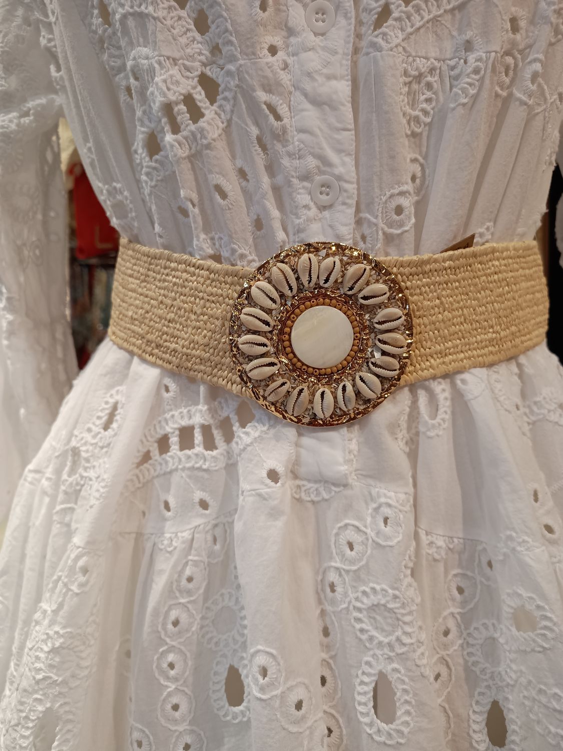 Ceinture raphia coquillages écru 