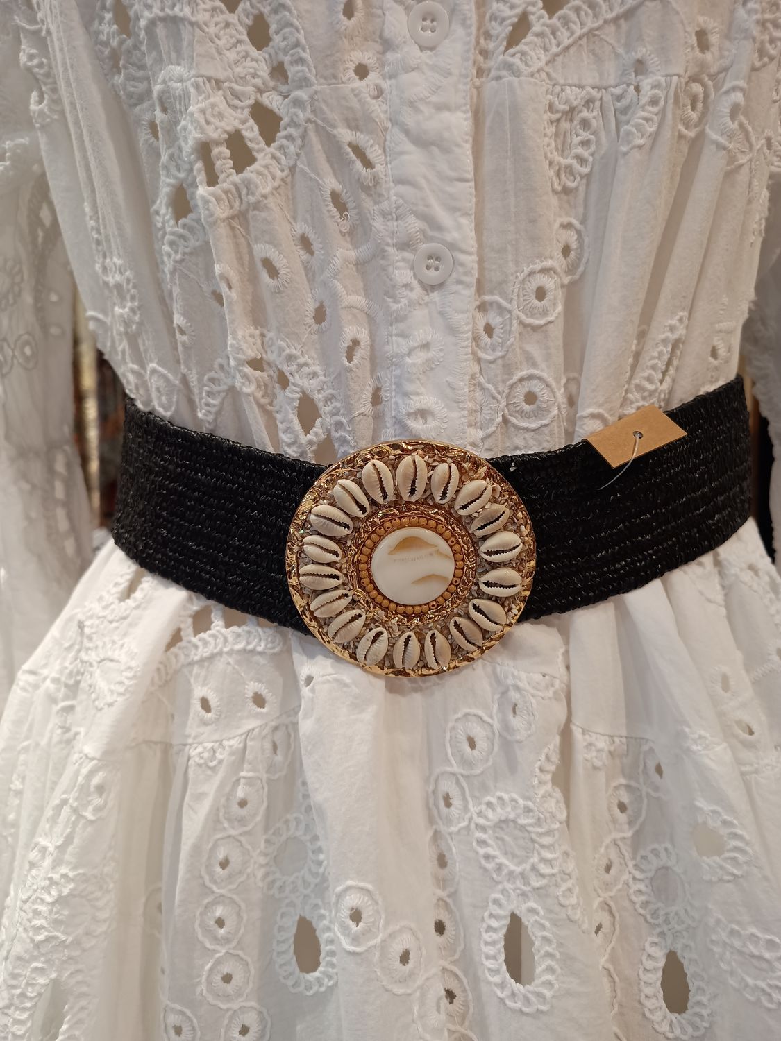 Ceinture raphia coquillages noir 