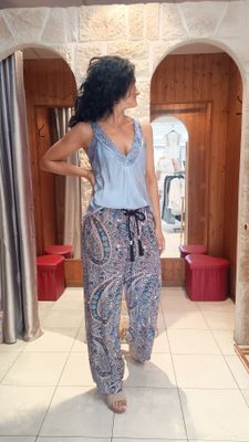 Pantalon fluide imprimé bleu marine 