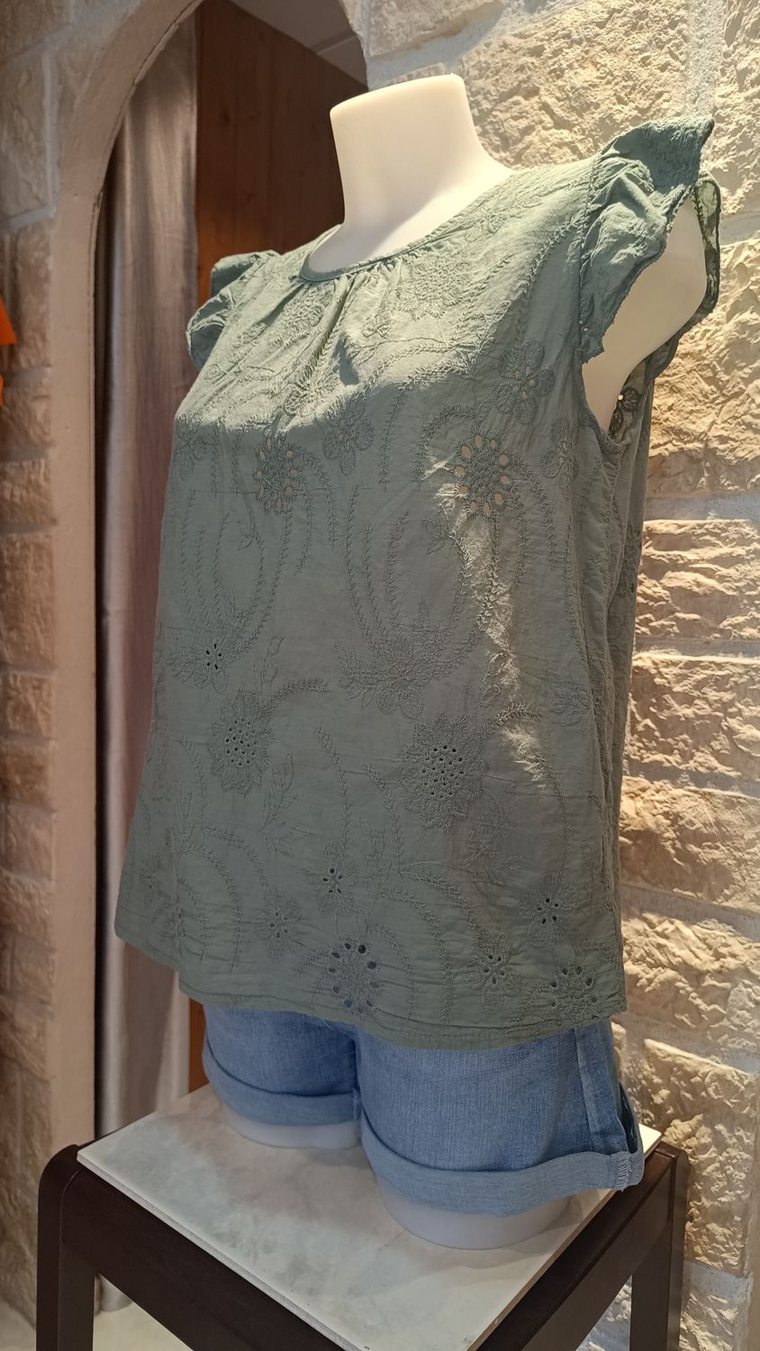 Blouse brodée sans manches kaki