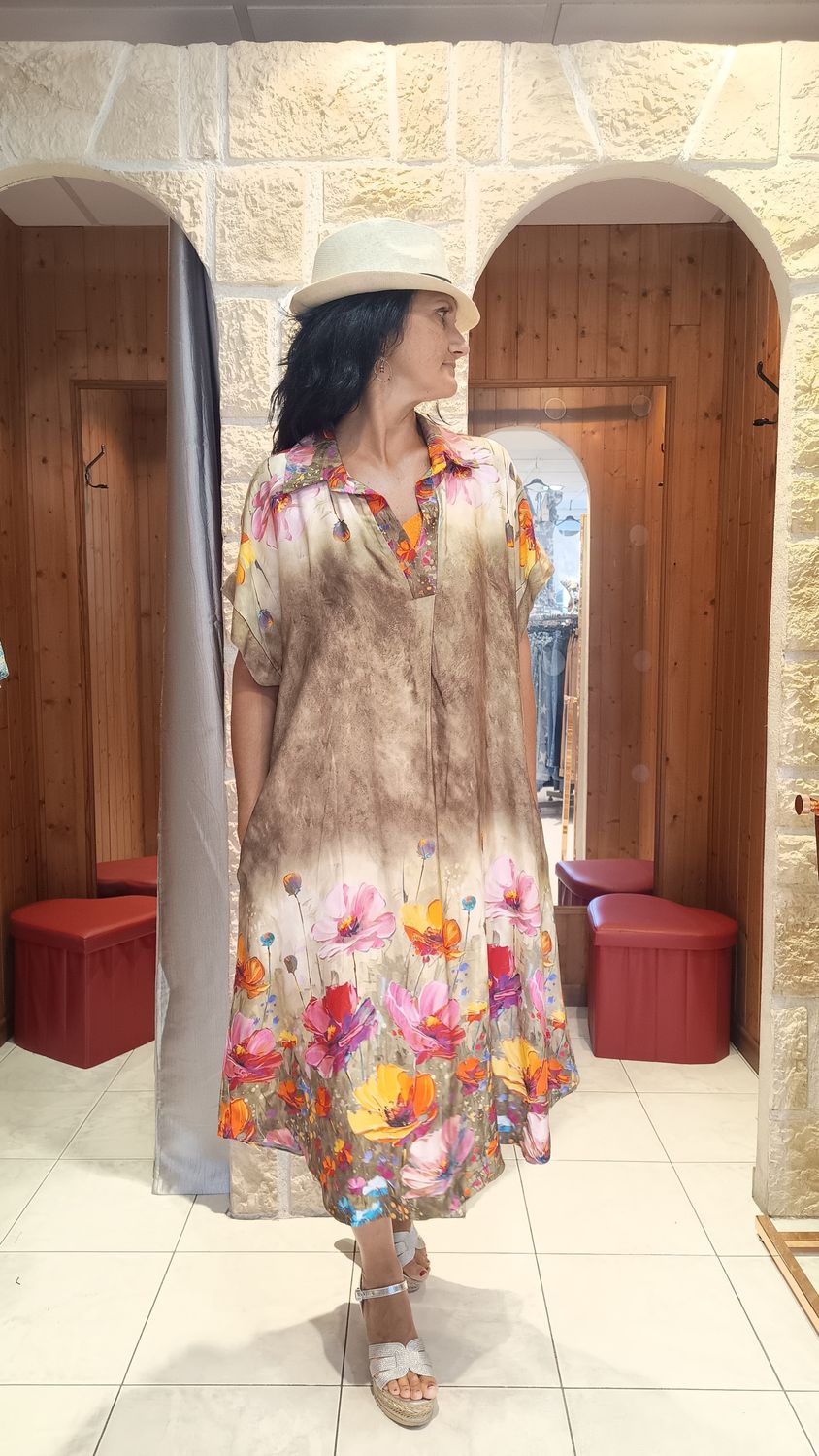 Robe longue Flowers kaki multicolore 