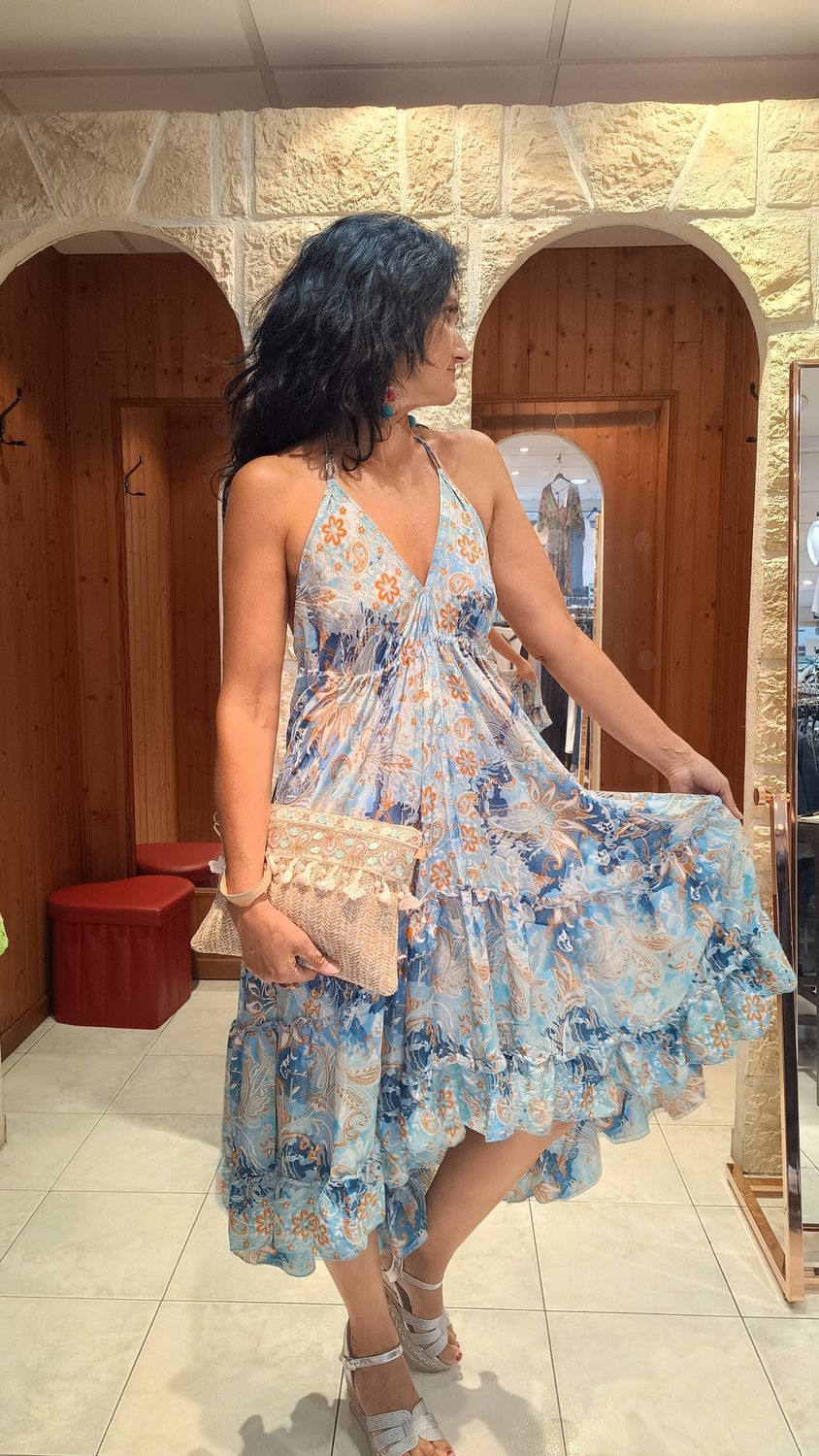 Robe dos nu asymétrique turquoise 