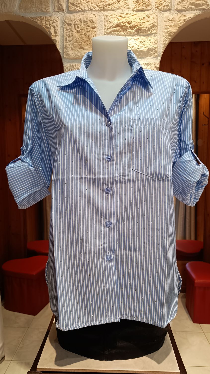Chemise à rayures bleu clair strass 