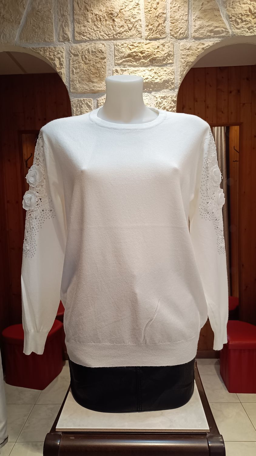 Pull maxi dentelle strass blanc 