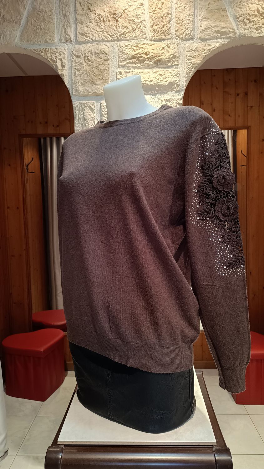 Pull maxi dentelle strass chocolat Pull maxi dentelle strass chocolat