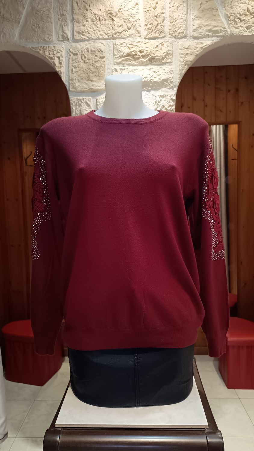 Pull maxi dentelle strass bordeaux 