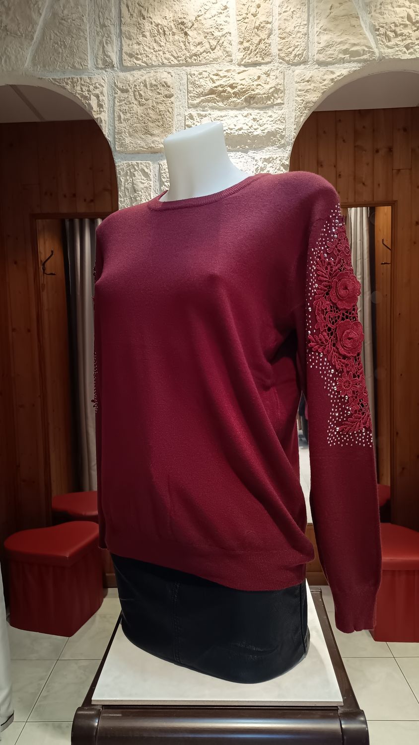 Pull maxi dentelle strass bordeaux 