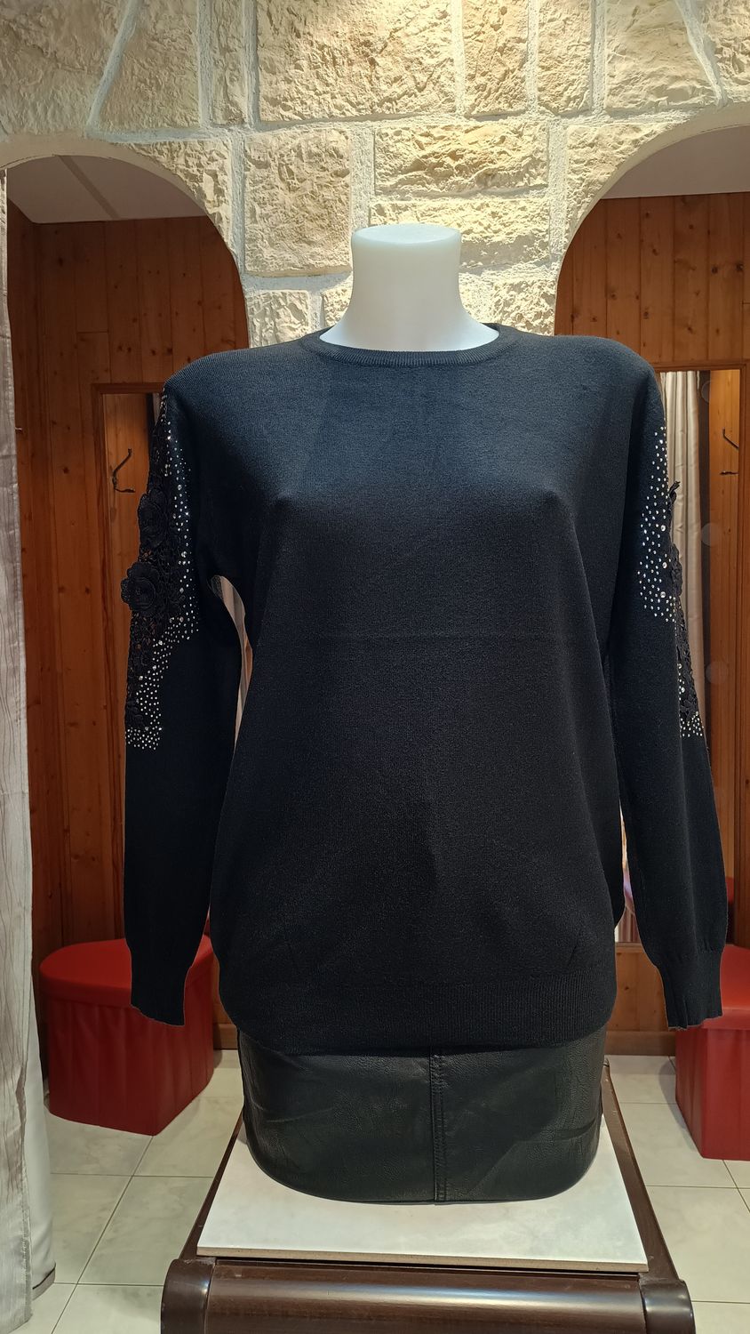 Pull maxi dentelle strass noir 