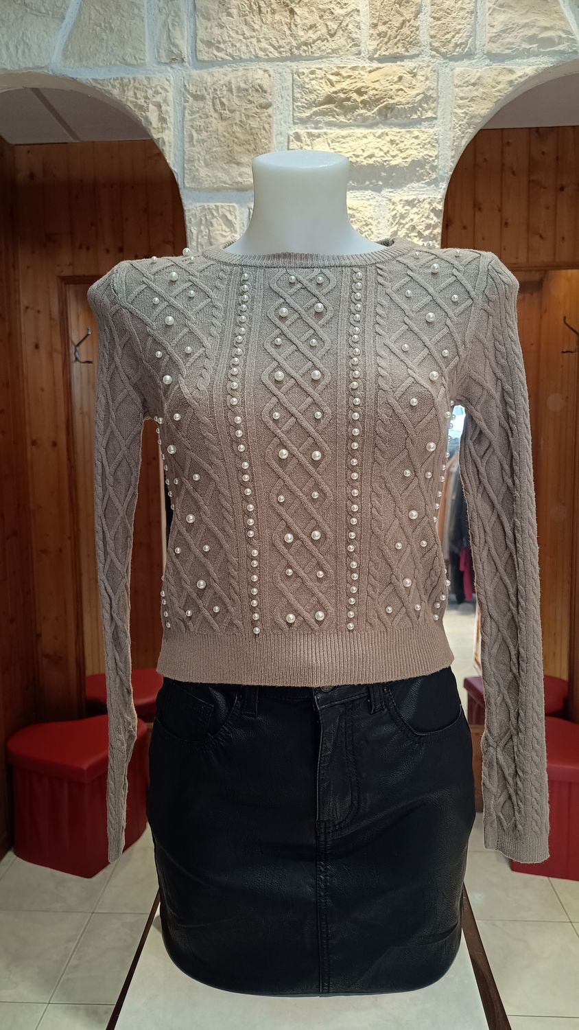 Pull Lauren perles taupe 