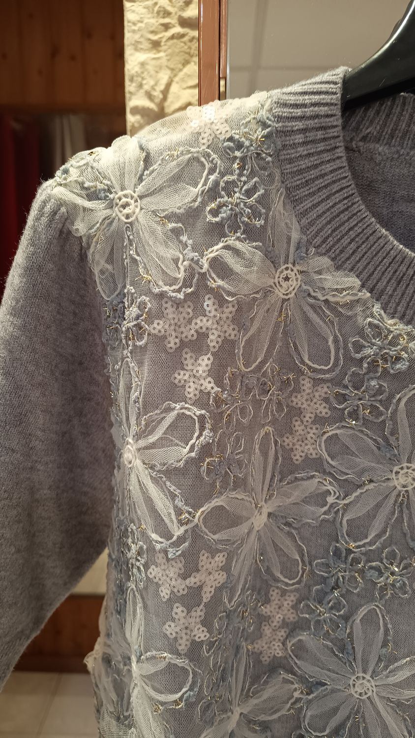 Pull Zara fleurs gris 