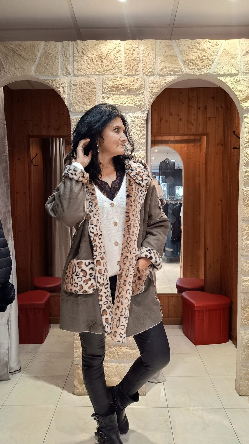 Veste fourrure réversible Leo kaki Veste fourrure réversible Leo kaki