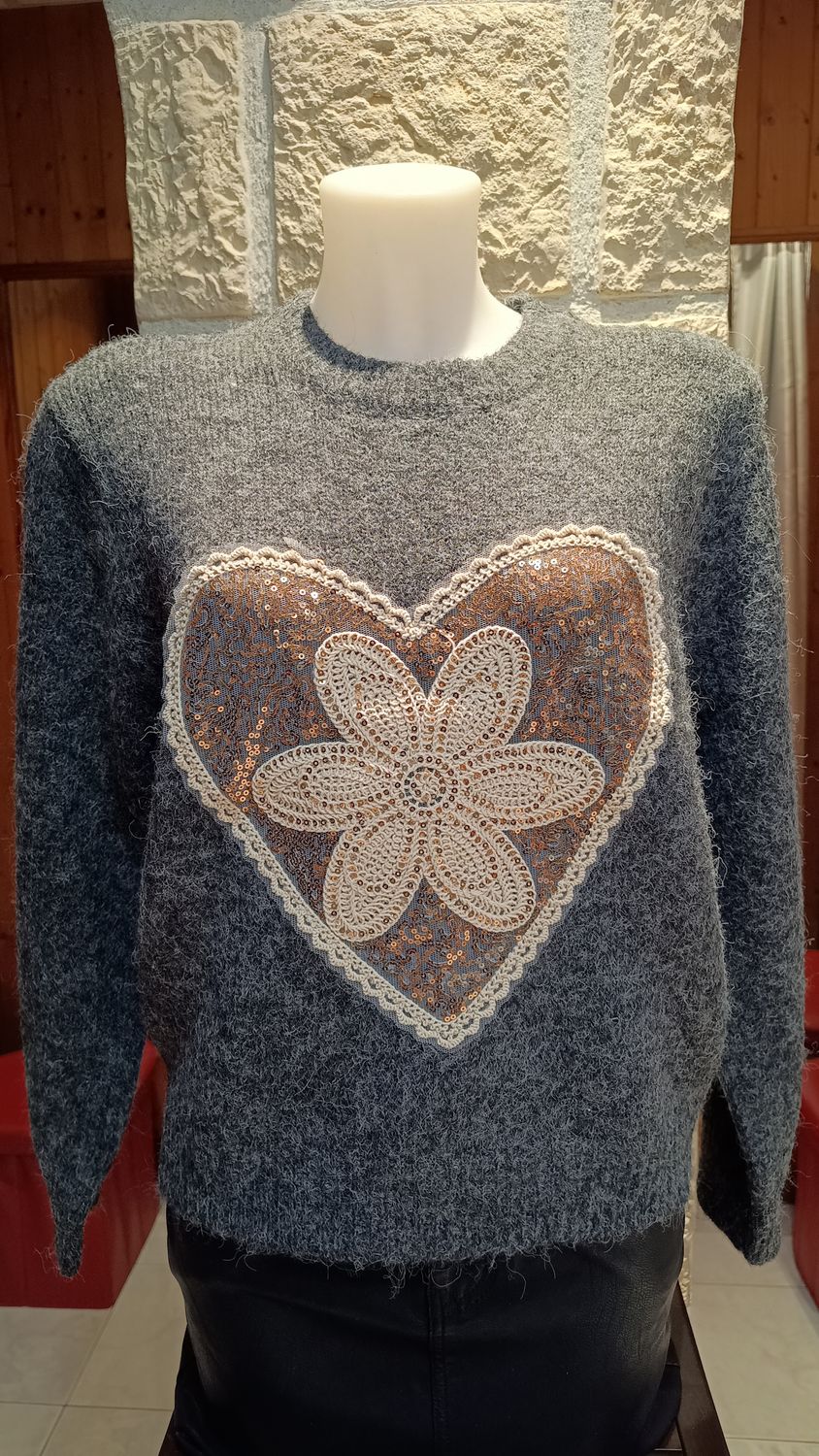 Pull Coeur gris foncé 