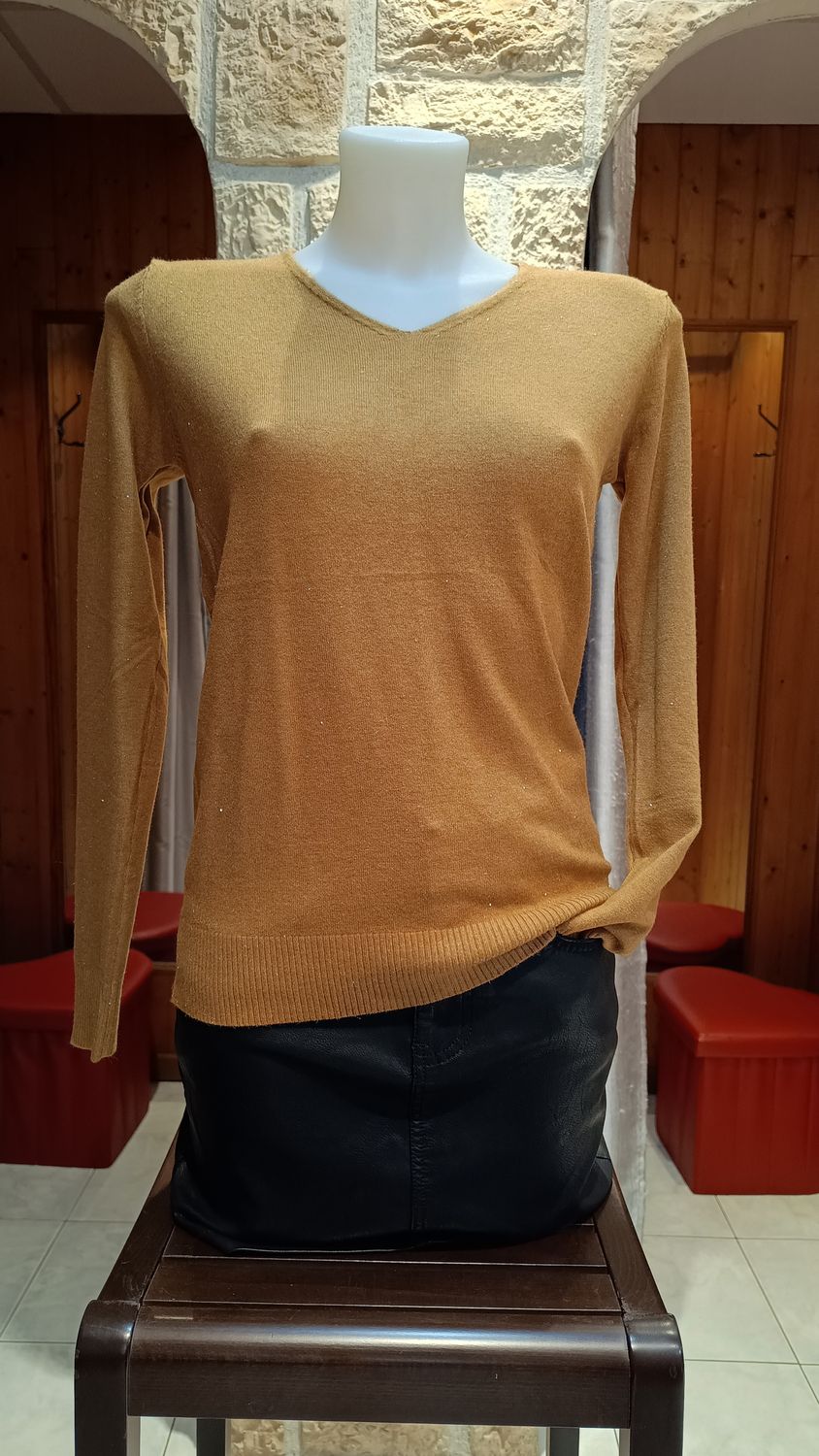 Pull basique col v pailleté camel Pull basique col v pailleté camel