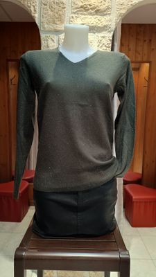 Pull basique col v pailleté kaki Pull basique col v pailleté kaki