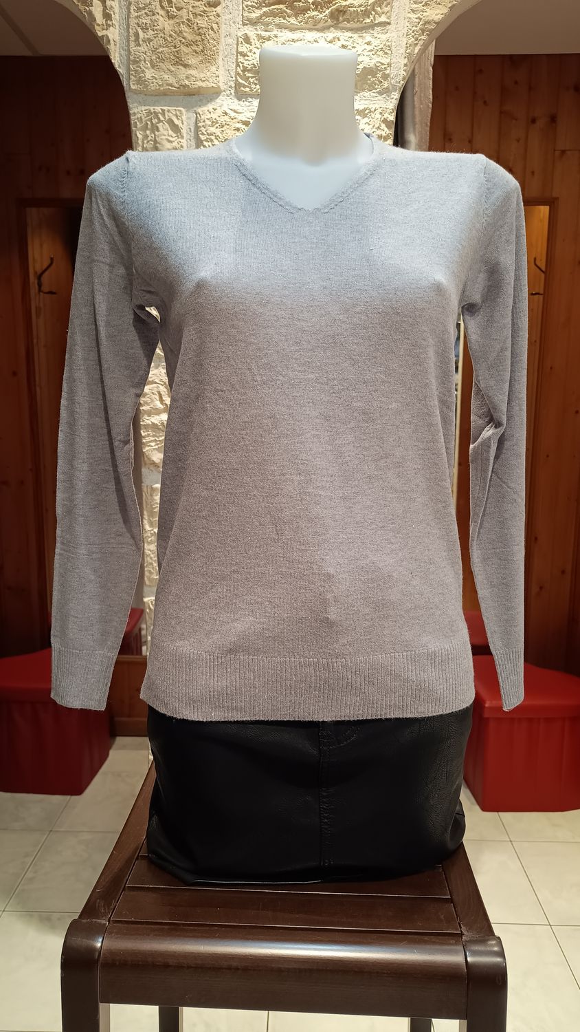 Pull basique col v pailleté gris