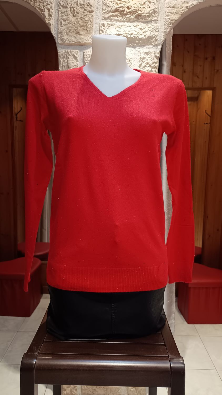 Pull basique col v pailleté rouge Pull basique col v pailleté rouge