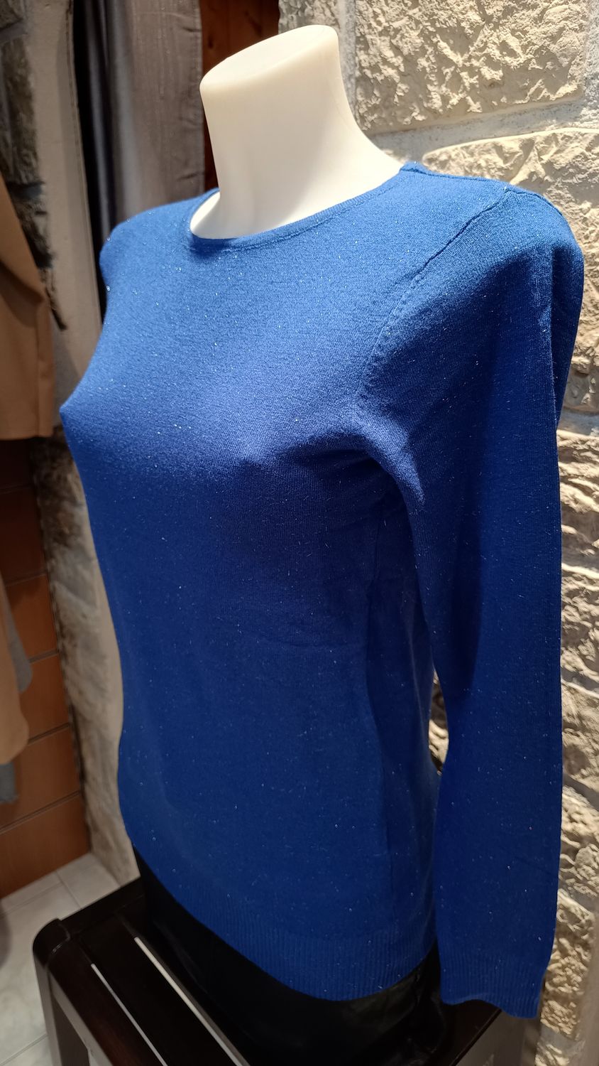 Pull basique col rond pailleté bleu électrique 