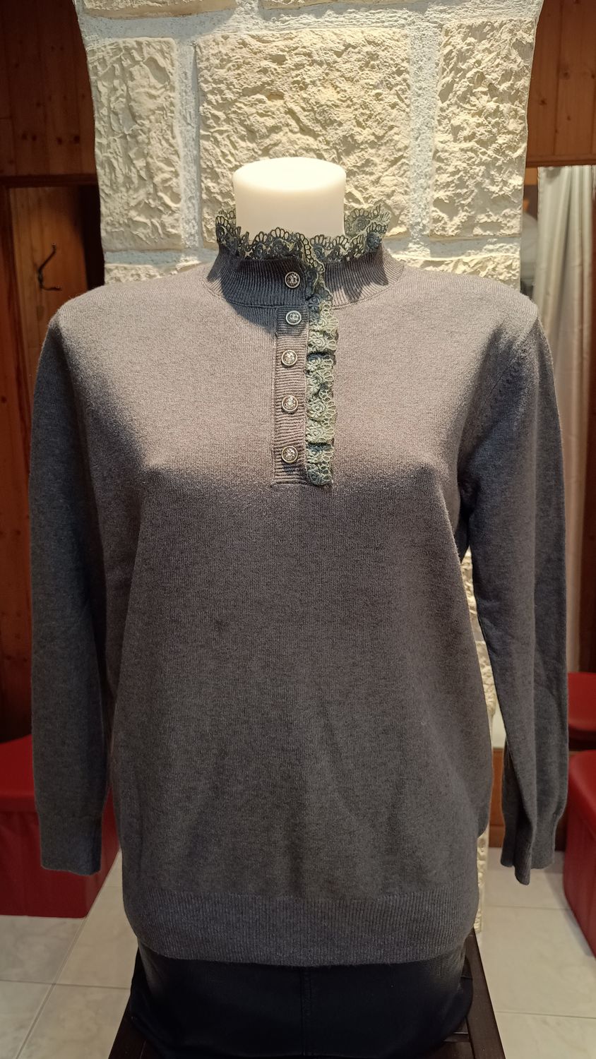 Pull col montant dentelle gris anthracite Pull col montant dentelle gris anthracite