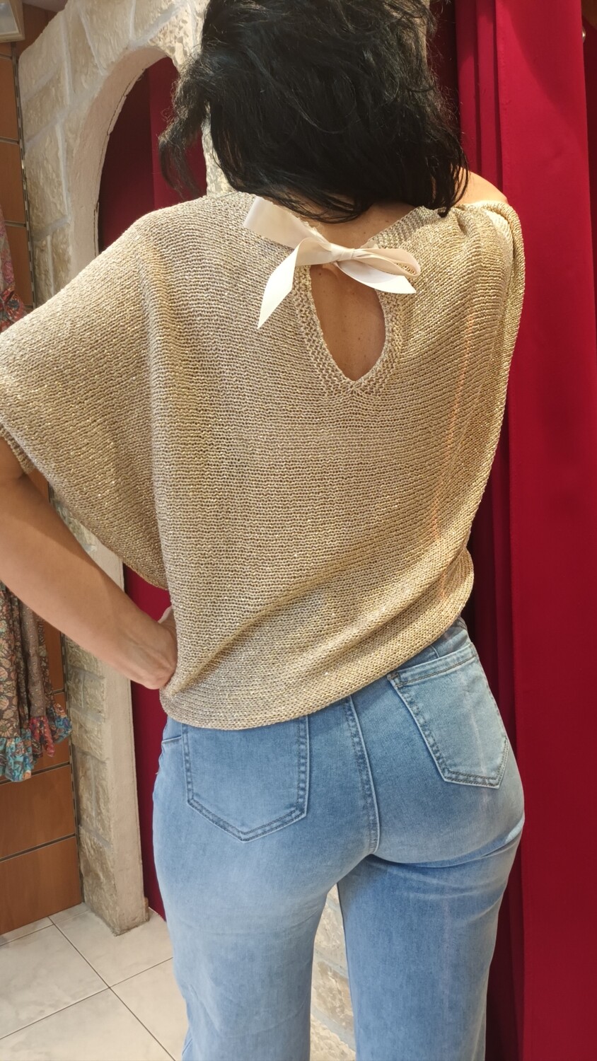 Pull nœud au dos lurex doré Pull nœud au dos lurex doré