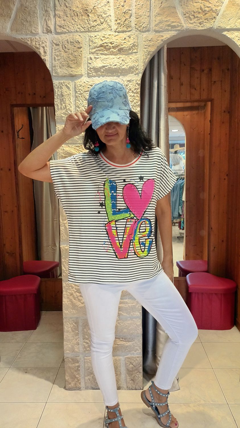 T-shirt Love rayures noir