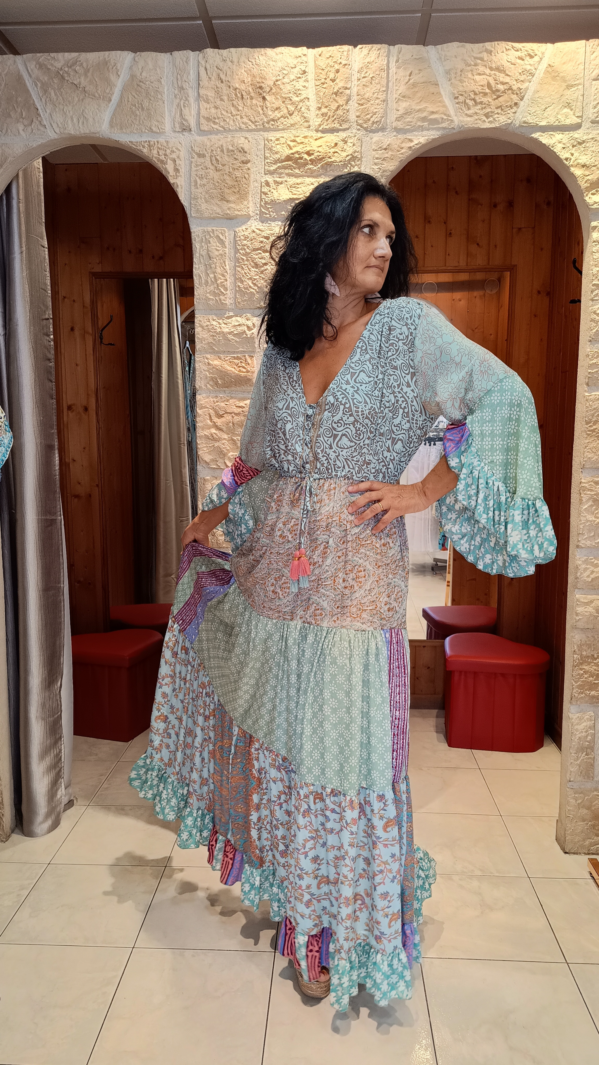 Robe longue Floral vert d' eau multicolore