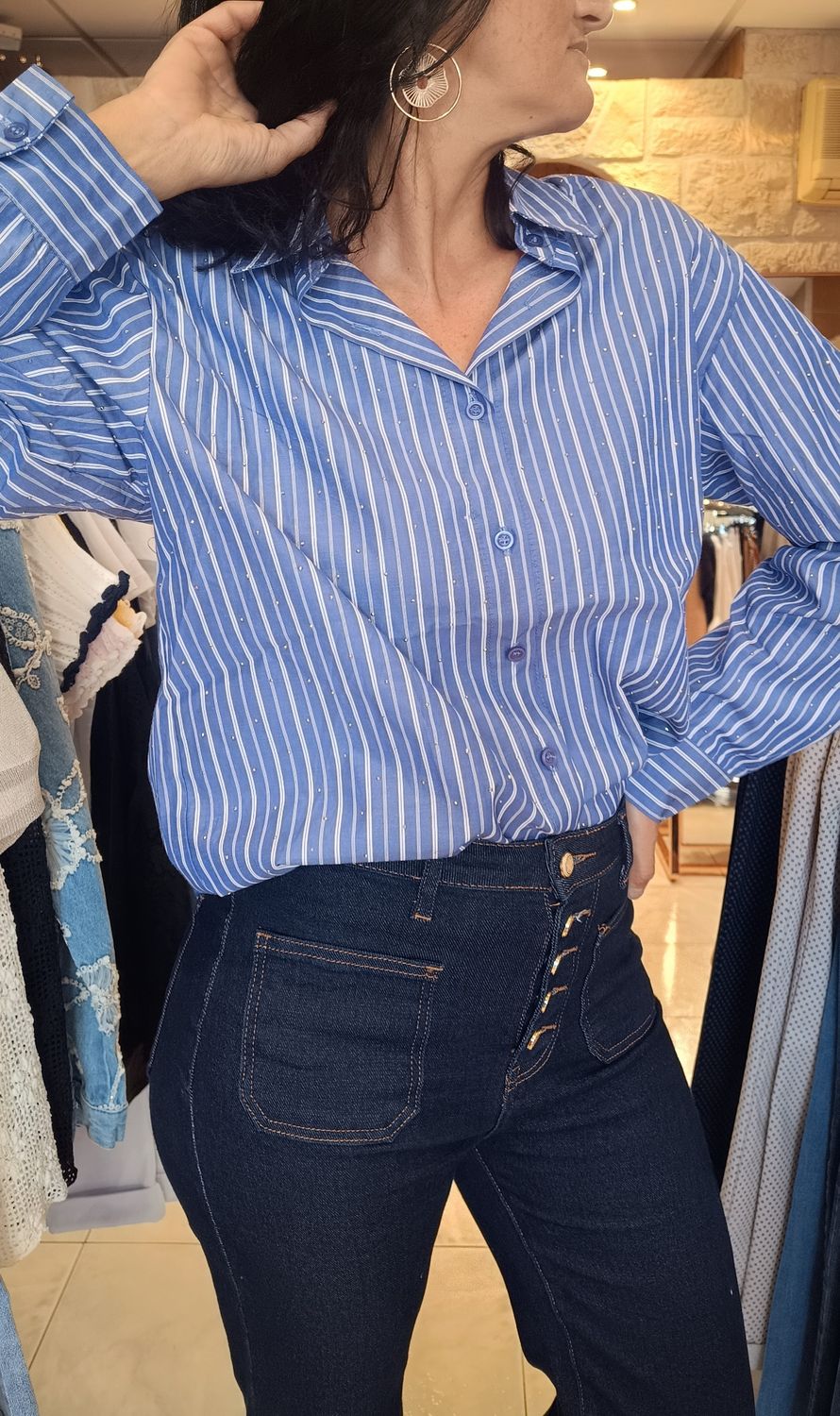 Chemise rayures bleu strass