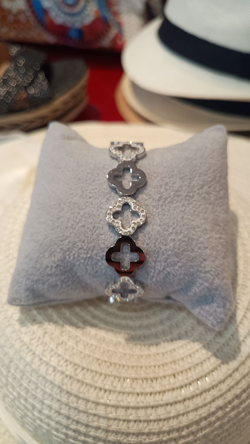 Bracelet Trefle strass argenté 