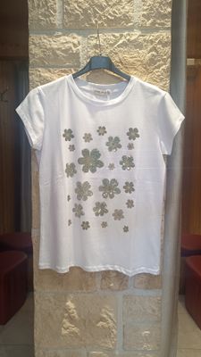 T-shirt Fleurs strass kaki