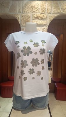 T-shirt Fleurs strass kaki 