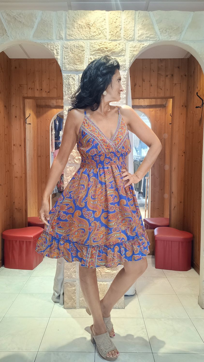 Robe bohème Eva imprimé bleu électrique orange Robe bohème Eva imprimé bleu électrique orange