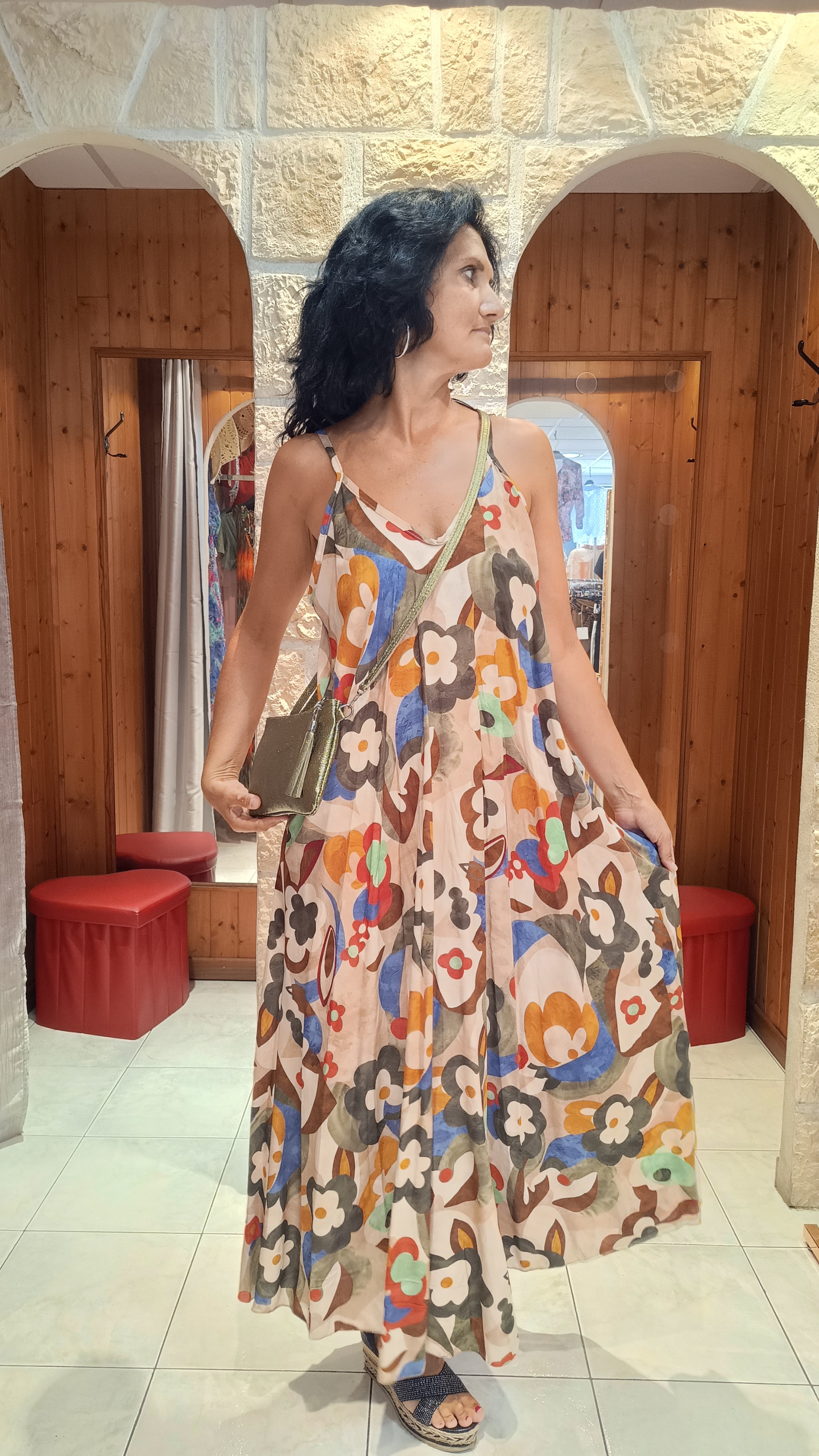 Robe bretelle multicolore kaki
