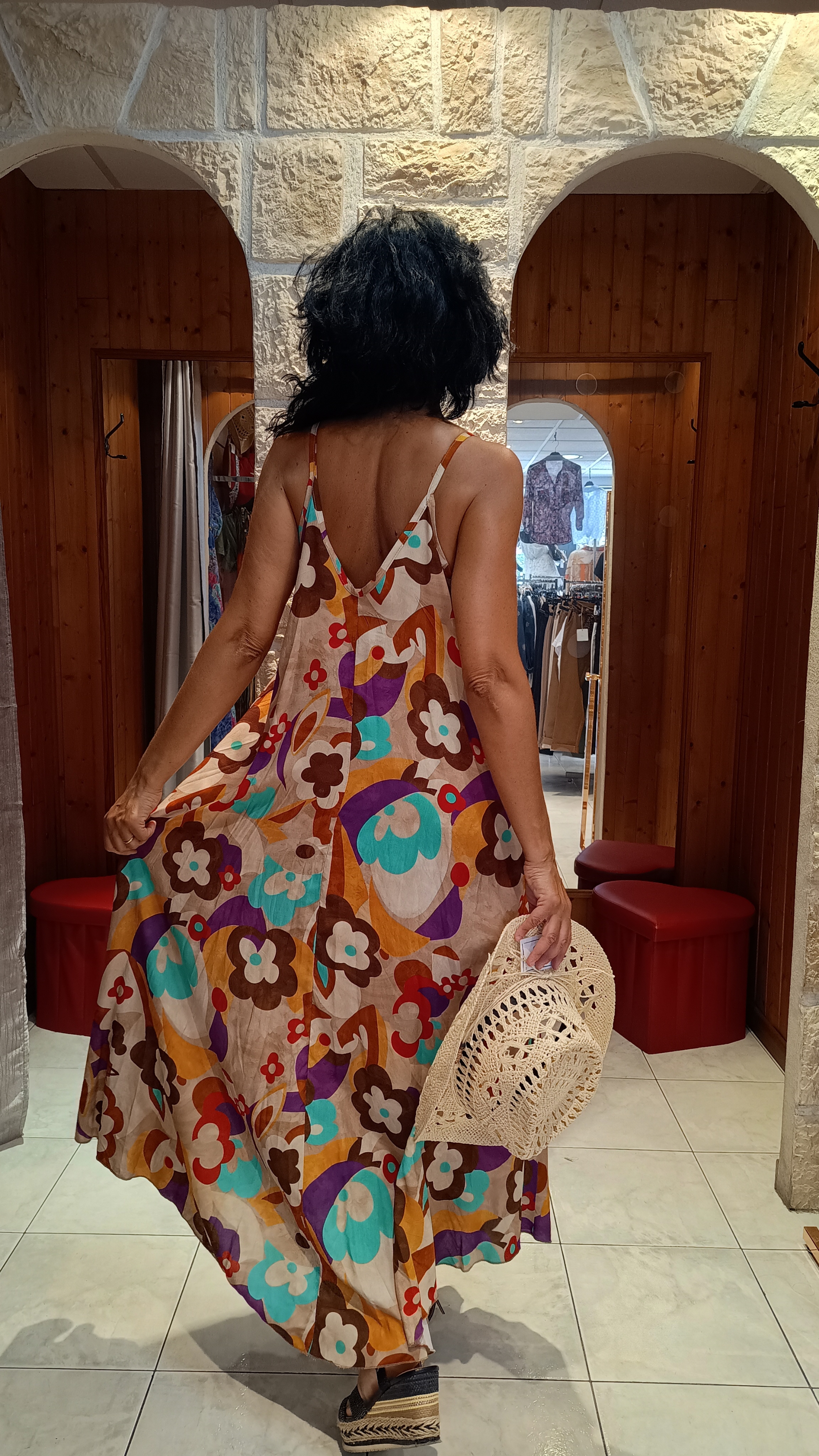 Robe bretelle multicolore beige