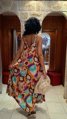 Robe bretelle multicolore beige