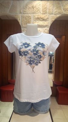 T-shirt Coeur fleuri bleu 