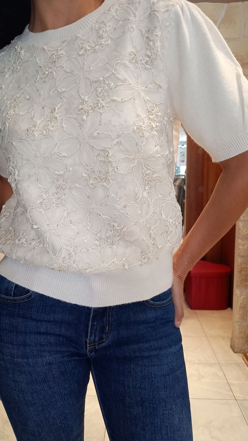 Pull Zara fleurs écru 