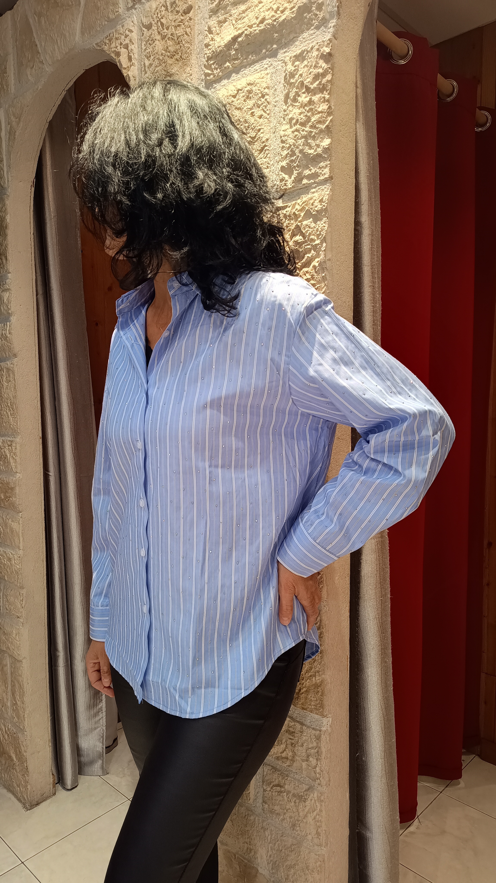 Chemise rayures bleu clair strass