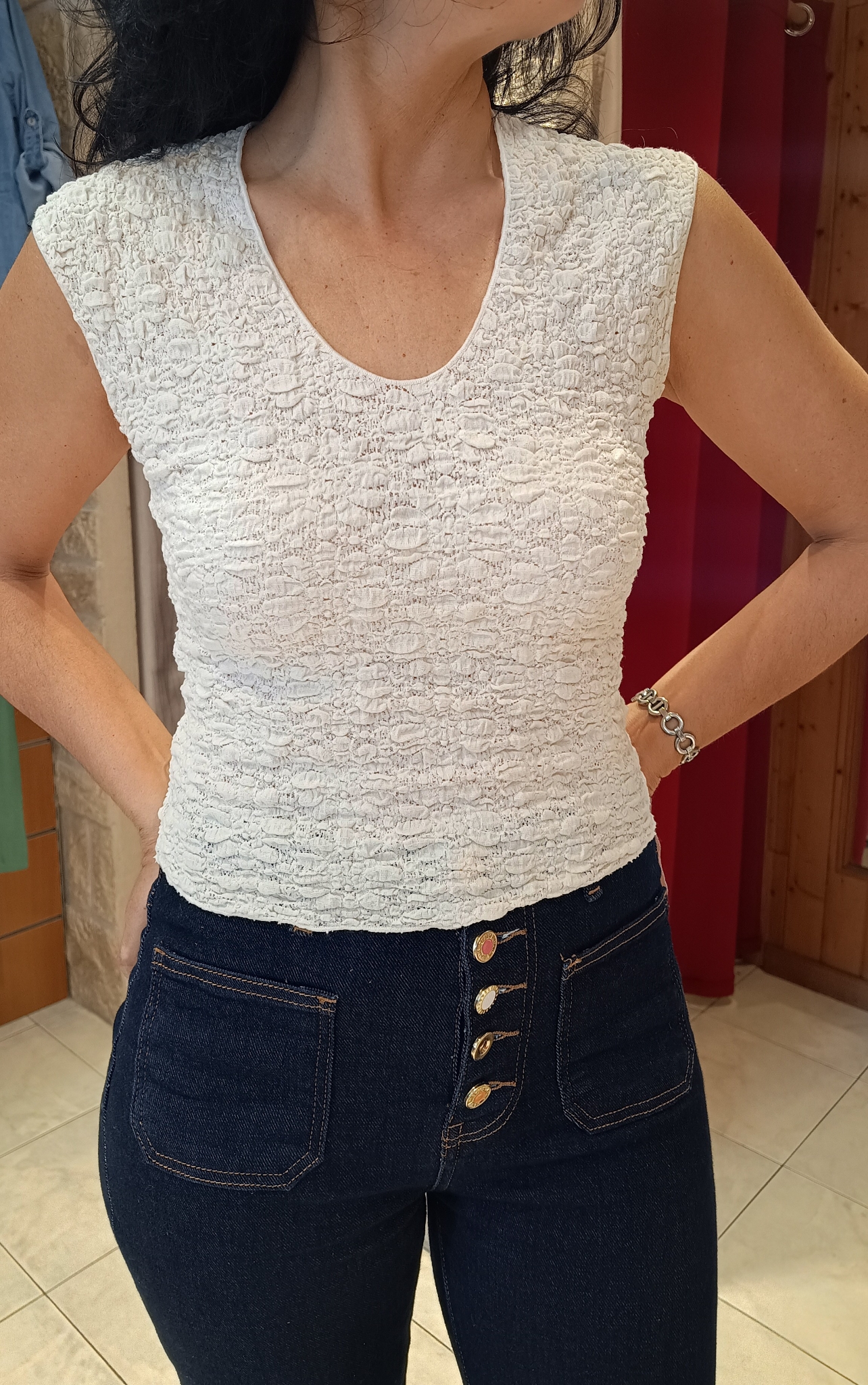 Crop top gaufré écru