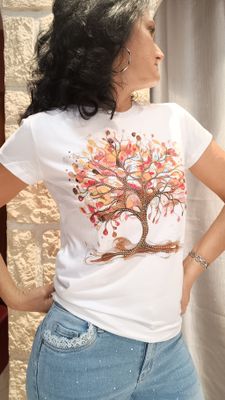 T-shirt Arbre multicolore blanc / marron 