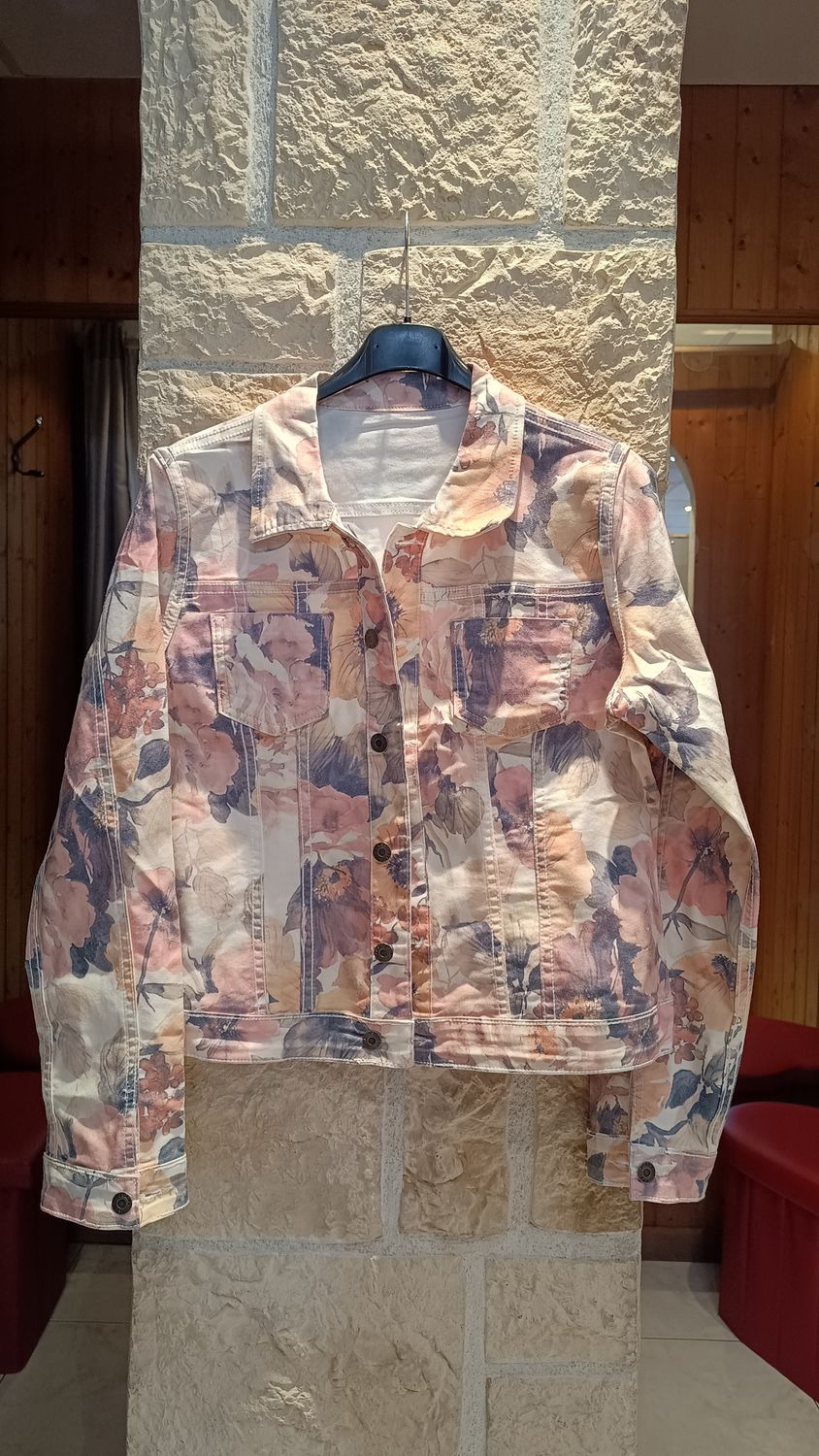 Veste jean réversible Onado fleurs rose