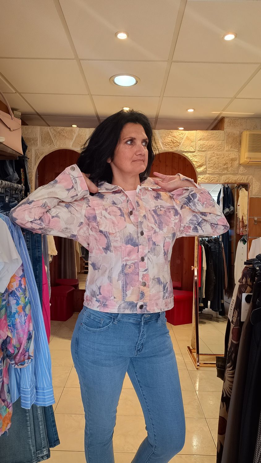 Veste jean réversible Onado fleurs rose