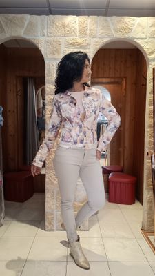 Veste jean réversible Onado fleurs rose